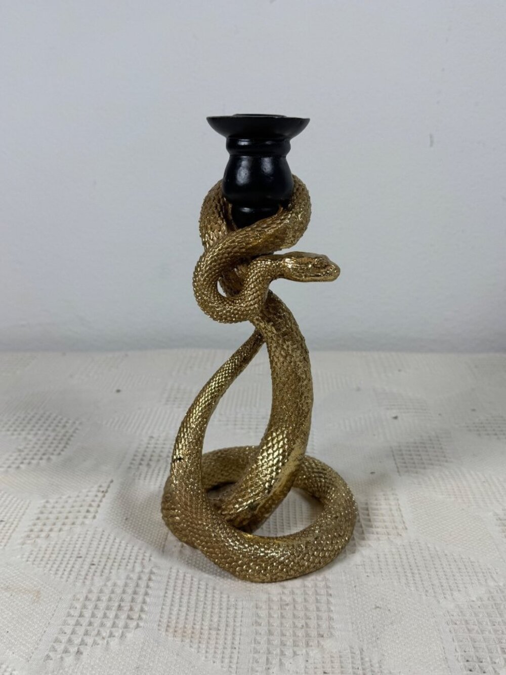 Gold Tone Snake Candle Holder w Black Top Unique Sculptural Home Décor